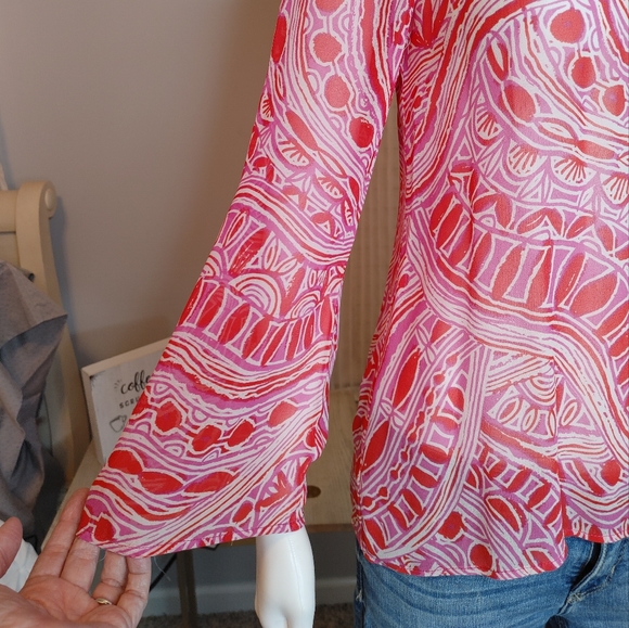 TRINA TURK Red/Magenta-Pink/White Silk Print Keyhole See-Through Blouse S - Picture 5 of 12